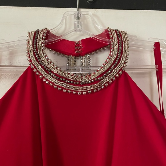 Mac Duggal Beaded Halter Neck Sleeveless Thigh High Slit Open Back Detail Gown - Picture 6 of 9